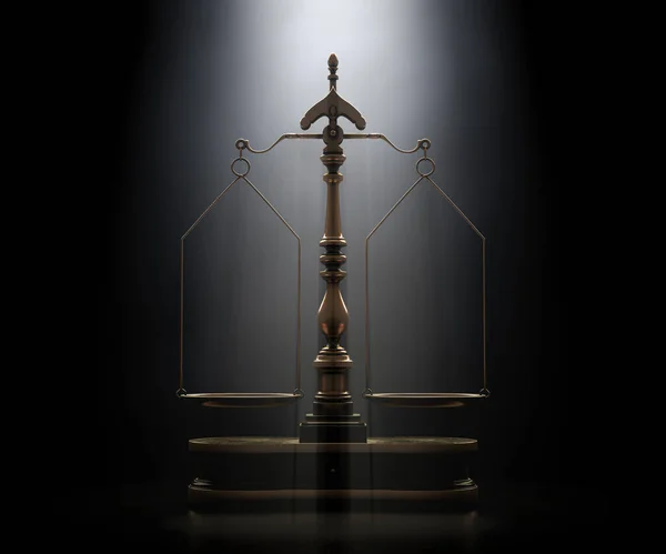 Ornate Brass Justice Scales Wooden Base Spotlit Dark Moody Background — Stock Photo, Image