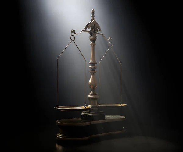 暗いムーディーな背景に木製のベーススポットライト付きの装飾真鍮の正義スケール 3Dレンダリング — ストック写真