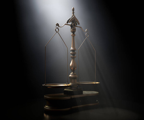 Украшенные латунные весы правосудия с деревянной базой, подсвеченной на темном мрачном фоне - 3D рендеринг