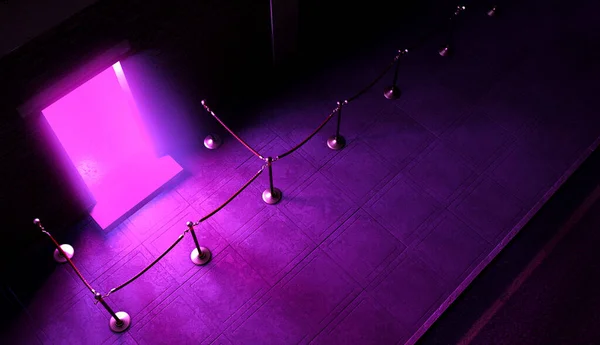 ピンクの光を放つナイトクラブの入り口の外の夜のシーンと バリアポストとロープで区切られた空のキュー 3Dレンダリング — ストック写真