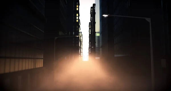 Look Directly City Street Flanked Skyscrapers Lamp Posts Illuminated Morning — Stock Photo, Image