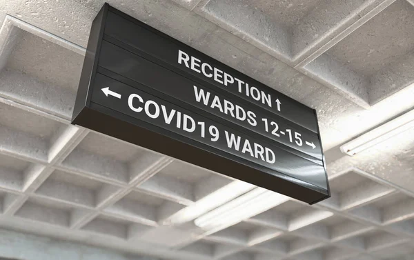 Covid 19病棟への道を強調キャストコンクリート天井に取り付けられた病院方向標識 3Dレンダリング — ストック写真