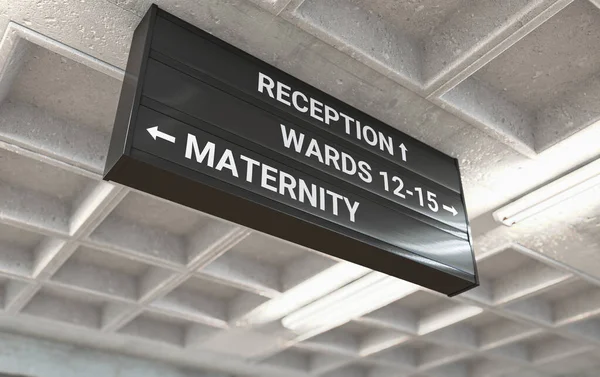 医院的一个方向标志安装在一个浇铸的混凝土天花板上 指示通向产科病房的道路 3D渲染 — 图库照片