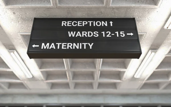 医院的一个方向标志安装在一个浇铸的混凝土天花板上 指示通向产科病房的道路 3D渲染 — 图库照片