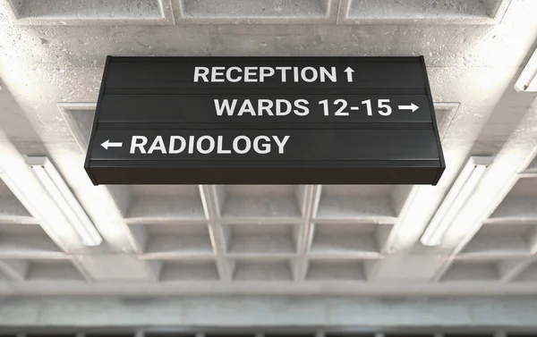 一种安装在浇注混凝土天花板上的医院方向标志 指明通向放射科病房的道路 3D渲染 — 图库照片