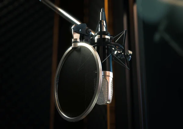 Mikrofon Kondensacyjny Słabo Oświetlony Drewnianym Studiu Dźwiękowym Dźwiękoszczelnymi Ścianami Renderowanie — Zdjęcie stockowe