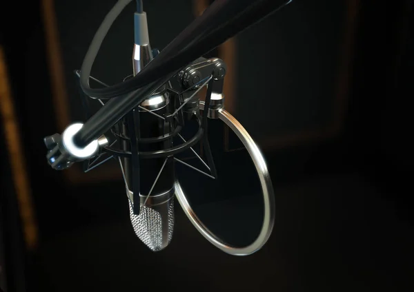 Kondenzátorový Mikrofon Matně Osvětlený Dřevěném Zvukovém Studiu Zvukotěsnými Stěnami Vykreslování — Stock fotografie