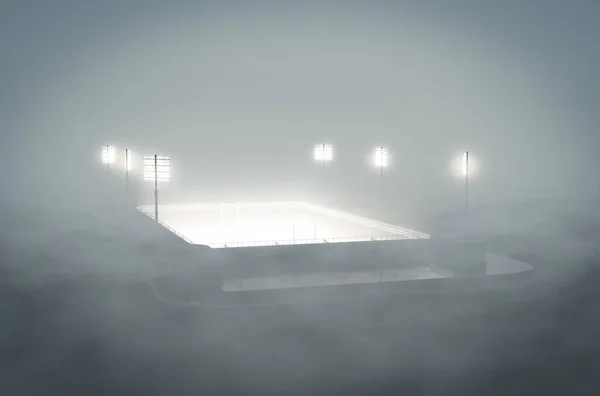Регбийный Стадион Освещенный Прожекторами Ночи Покрытый Густой Туманной Атмосферой Рендеринг — стоковое фото