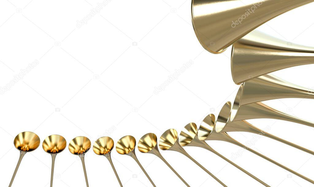 A group of golden medieval trumpets in a circular arc proclaiming a special occasion on an isolated white background - 3D render