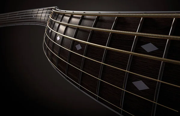 Surreal Concept Wavey Shaped Closeup Dark Wooden Guitar Neck Fretboard — Stock Photo, Image