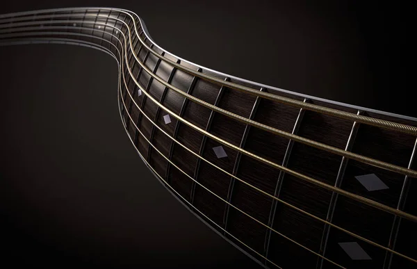 Surreal Concept Wavey Shaped Closeup Dark Wooden Guitar Neck Fretboard — Stock Photo, Image