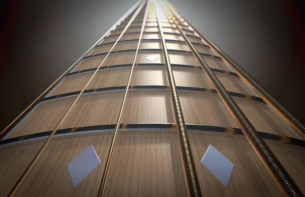 Concept Closeup Light Wooden Guitar Neck Fretboard Strings Perspective Render — Stock Photo, Image