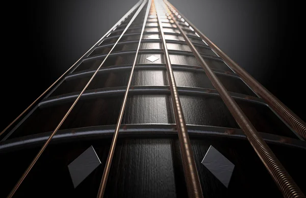 Concept Closeup Dark Wooden Guitar Neck Fretboard Strings Perspective Render — Stock Photo, Image
