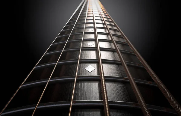 Concept Closeup Dark Wooden Guitar Neck Fretboard Strings Perspective Render — Stock Photo, Image