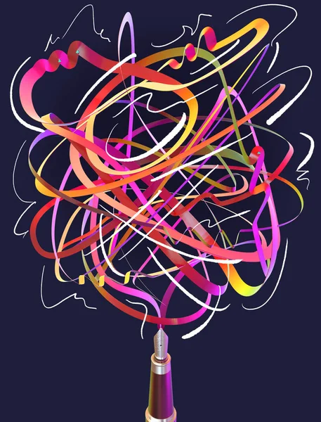 Концепция Фонтанной Ручки Излучающей Полосу Разноцветных Чернил Непрерывном Потоке Темном — стоковое фото