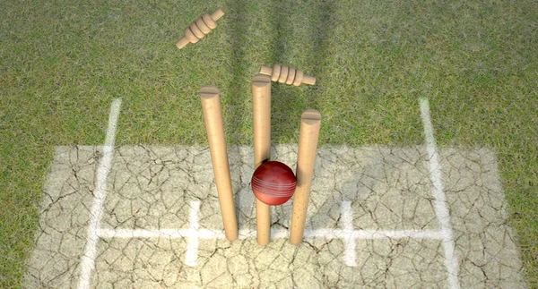 Pelota de Cricket golpeando Wickets — Foto de Stock