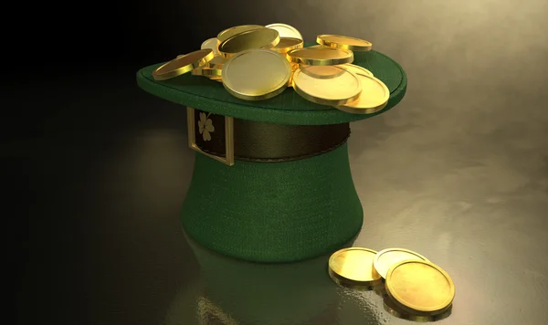 Chapéu de duende verde preenchido com moedas de ouro — Fotografia de Stock