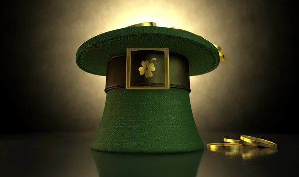 Sombrero de duende verde lleno de monedas de oro — Foto de Stock