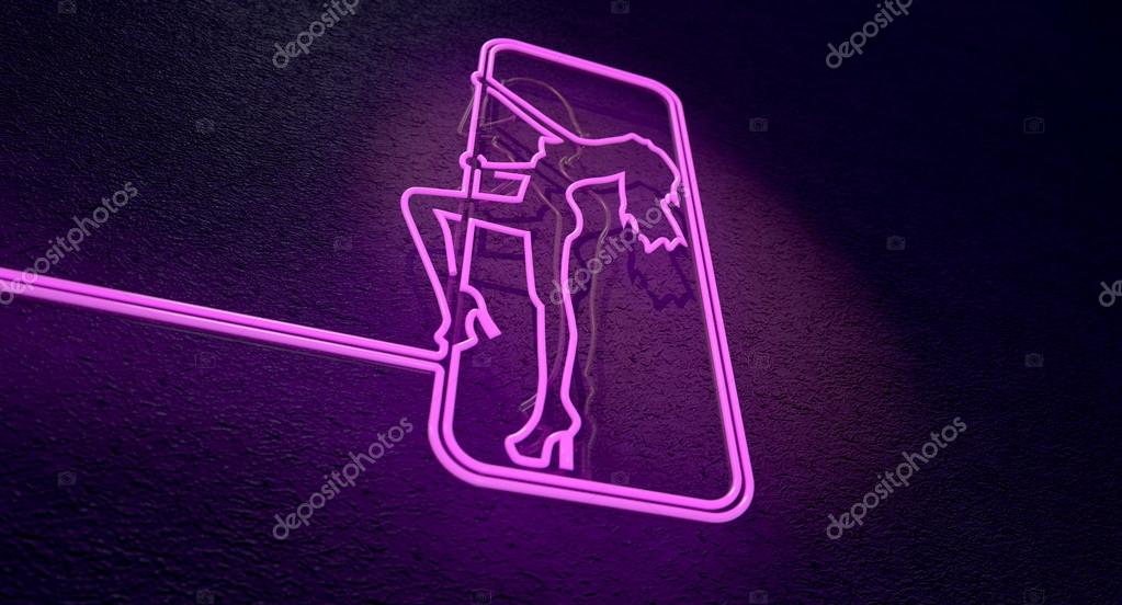 An illuminated neon pink sign for a strip club mounted on a wall incorporating a dancing girl