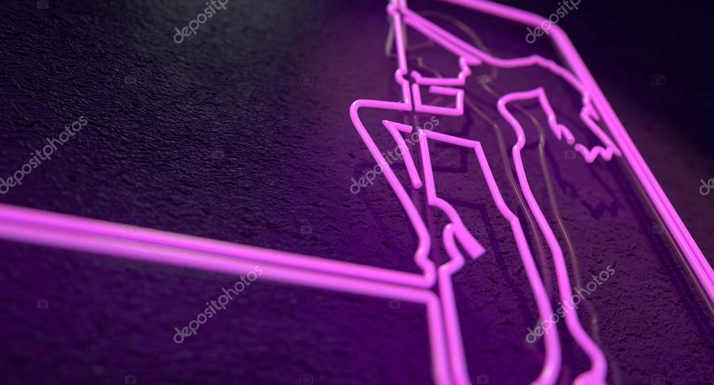 An illuminated neon pink sign for a strip club mounted on a wall incorporating a dancing girl