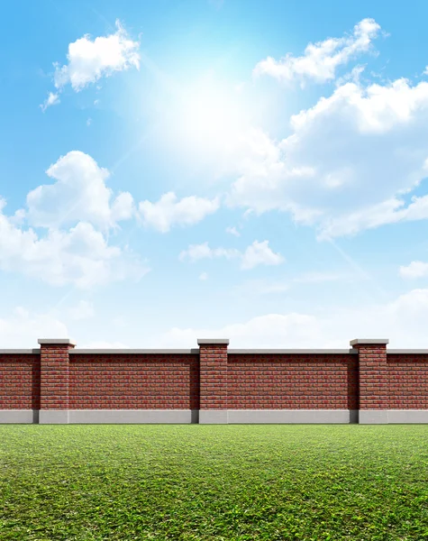 Brick Wall Grass And Blue Sky — Stock Photo, Image