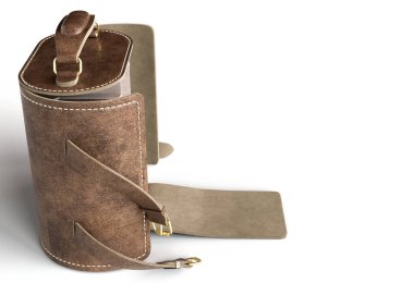 Beyaz arka planda şişesi ve gözlüğü olan el yapımı deri bir viski taşıyıcısı. Lüks markalaşma, ürün tasarımı ve yaşam tarzı pazarlama görselleri için mükemmel. 3 Boyutlu Hazırlama