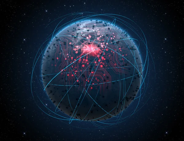 Planeta Extraterrestre con Red Iluminada y Senderos de Luz — Foto de Stock