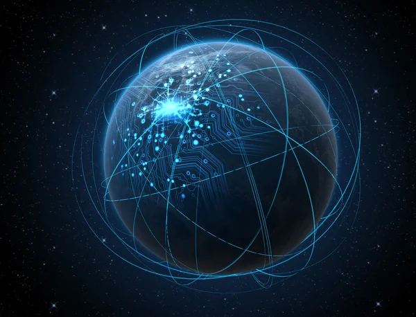 Planet With Illuminated Network And Light Trails — Stock Photo, Image