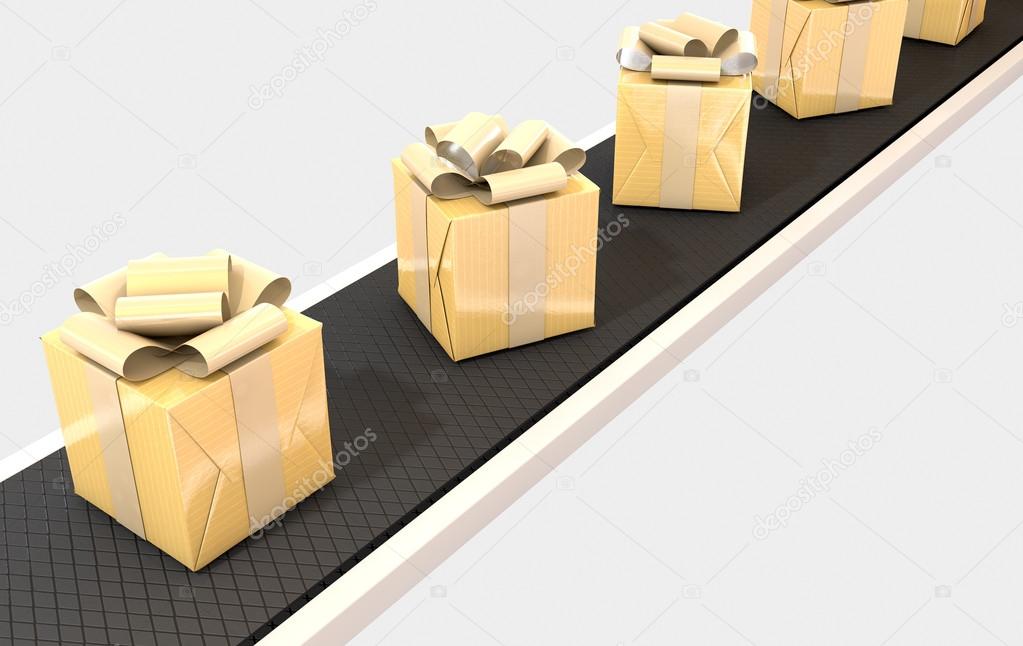 Golden Wrapped Gift Box On Conveyor