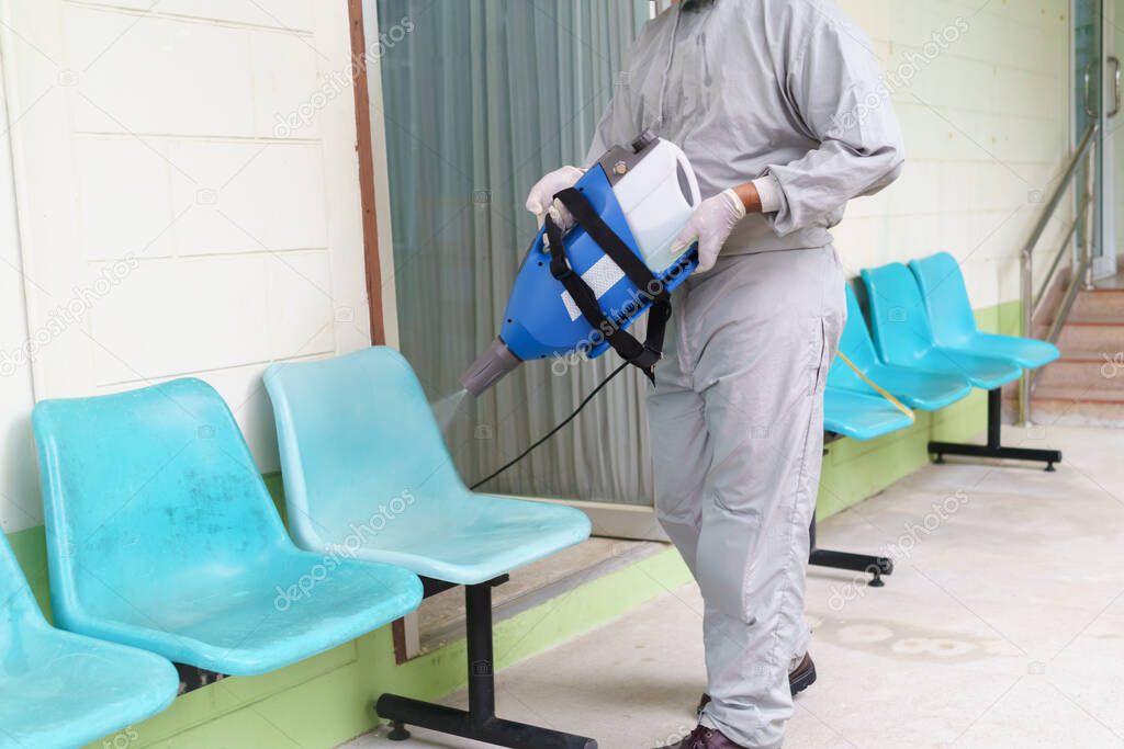 Disinfectant sprayers and germs that adhere on objects on the surface. prevent infection Covid 19 viruses or coronavirus And various pathogens. concept healthcare system ,stay safe and hand sanitizer.