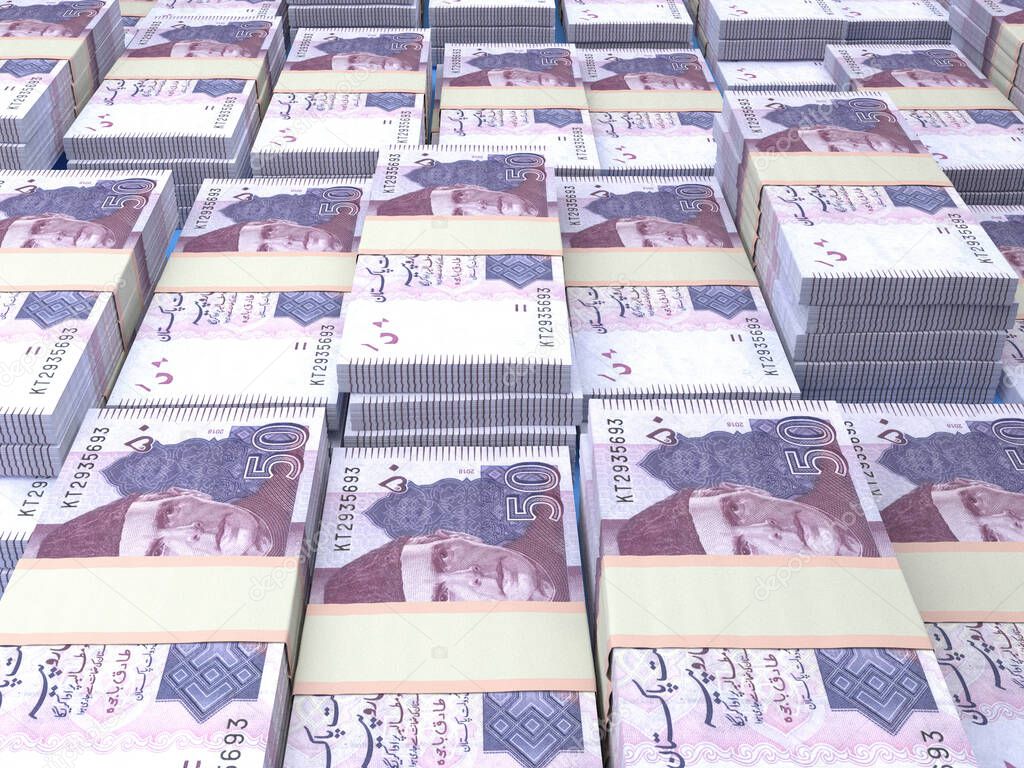 Money of Pakistan. Pakistani rupee bills. PKR banknotes. 50 rupees. Business, finance, news background.