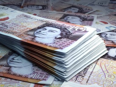 Birleşik Krallık 'ın parası. Sterlin banknotları. GBP banknotları. 5 kilo. İş, finans, haber geçmişi.
