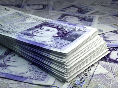 Birleşik Krallık 'ın parası. Sterlin banknotları. GBP banknotları. 10 kilo. İş, finans, haber geçmişi.