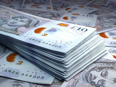 Birleşik Krallık 'ın parası. Sterlin banknotları. GBP banknotları. 5 kilo. İş, finans, haber geçmişi.