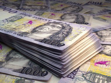 Macaristan 'ın parası. Macar forint faturaları. HUF banknotları. 1000 intok. İş, finans, haber geçmişi.