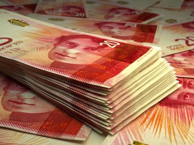 İsrail 'in parası. İsrail 'in yeni şekel paraları. ILS banknotları. 20 şekel. İş, finans, haber geçmişi.