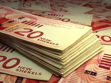 İsrail 'in parası. İsrail 'in yeni şekel paraları. ILS banknotları. 20 şekel. İş, finans, haber geçmişi.