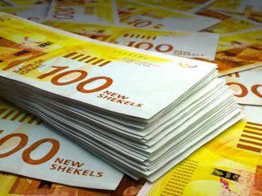İsrail 'in parası. İsrail 'in yeni şekel paraları. ILS banknotları. 100 şekel. İş, finans, haber geçmişi.