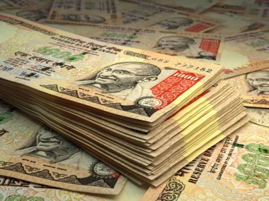 Hindistan 'ın parası. Hint Rupisi. INR banknotları. 1000 rupi. İş, finans, haber geçmişi.