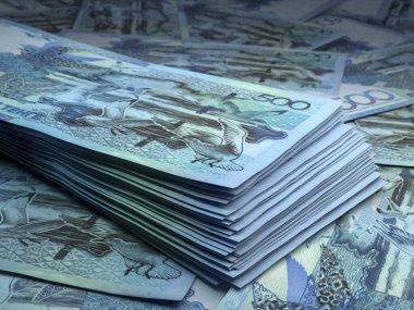 Kazakistan 'ın parası. Kazakistan tenge faturaları. KZT banknotları. 500 tenge. İş, finans, haber geçmişi.