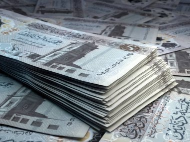 Money of Libya. Libyan dinar bills. LYD banknotes. 5 dinars. Business, finance, news background. clipart