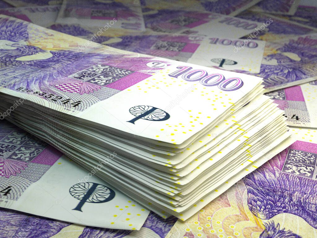 Money of Czech Republic. Czech koruna bills. CZK banknotes. 1000 Kc. Business, finance, news background.