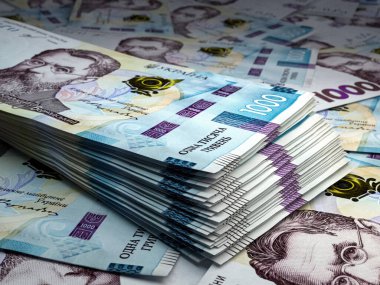 Ukrayna 'nın parası. Ukrayna Hryvnia faturaları. UAH banknotları. 1000 hryvni. İş, finans, haber geçmişi.
