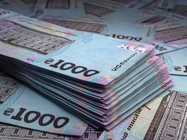 Ukrayna 'nın parası. Ukrayna Hryvnia faturaları. UAH banknotları. 1000 hryvni. İş, finans, haber geçmişi.