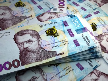 Ukrayna 'nın parası. Ukrayna Hryvnia faturaları. UAH banknotları. 1000 hryvni. İş, finans, haber geçmişi.