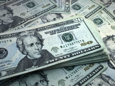 Birleşik Devletler 'in parası. Birleşik Devletler dolarları. Amerikan doları banknotları. 20 dolar. İş, finans, haber geçmişi.