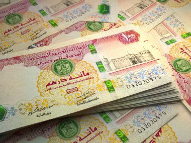 Birleşik Arap Emirlikleri 'nin parası. Birleşik Arap Emirlikleri dirhem faturaları. AED banknotları. 100 dirhem. İş, finans, haber geçmişi.