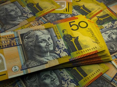 Avustralya 'nın parası. Avustralya dolarları. AUD banknotları. 50 dolar. İş, finans, haber geçmişi.