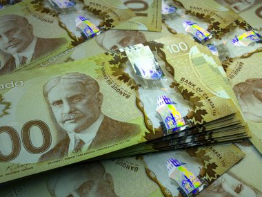 Kanada 'nın parası. Kanada dolarları. CAD banknotları. 100 dolar. İş, finans, haber geçmişi.