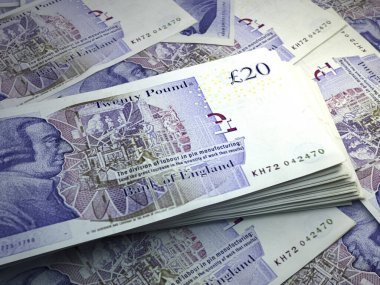 Birleşik Krallık 'ın parası. Sterlin banknotları. GBP banknotları. 10 kilo. İş, finans, haber geçmişi.